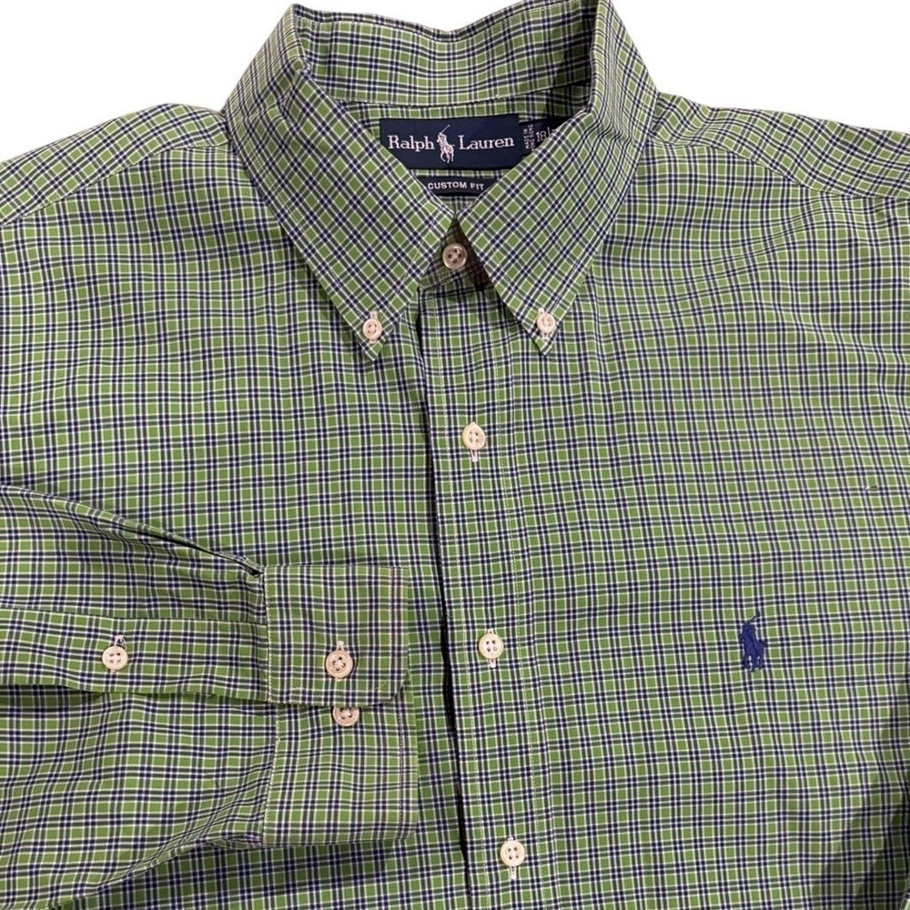 Ralph Lauren Mens XXL Custom Fit Button Down Shirt Green Navy Check Plaid 18/XXL